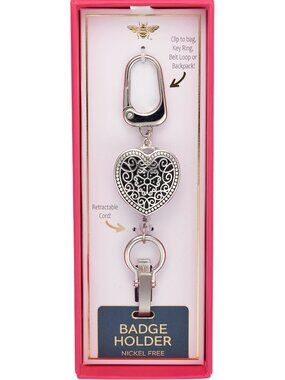 True to Form Heart Filigree Retractable Badge Holder Keychain Silver Tone NIB